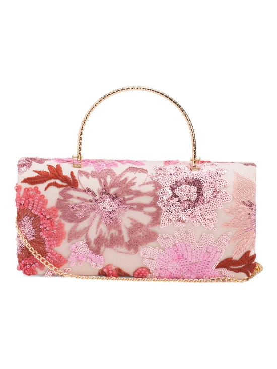 Haute Hippie Handbags - Haute Hippie Pink Floral Sequin Clutch with Gold Handle